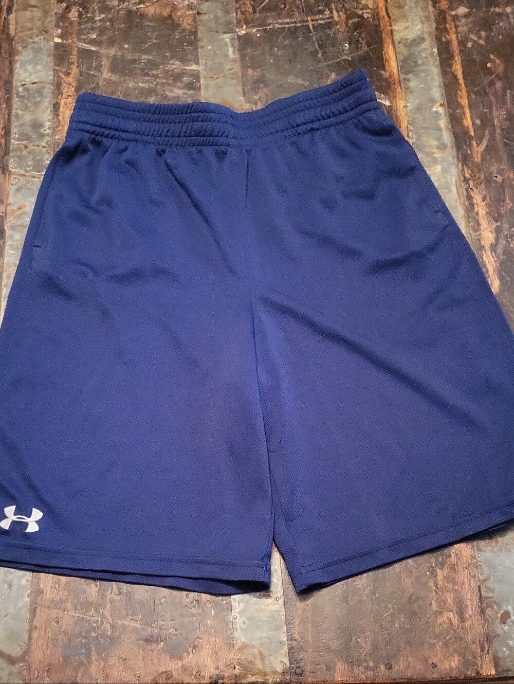 Under Armour Dark Blue Athletic Mesh Shorts with White Logo